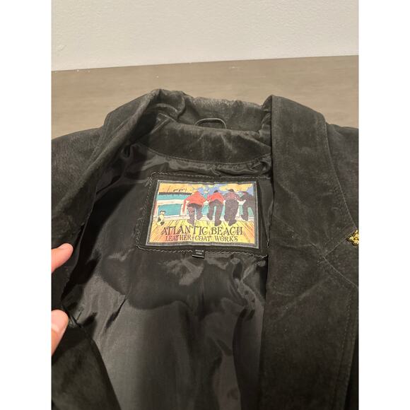 1990's Atlantic Beach Leather Coat Works Black Jacket w Jewel Rhinestones Medium - Picture 2 of 8